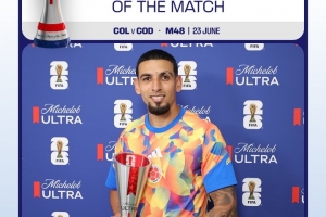 打进唯一进球，官方：穆尼奥斯当选哥伦比亚1-0民主刚果全场最佳