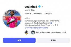 暴涨400倍！佛得角门将沃齐尼亚粉丝已突破2000万，世界杯前仅5万